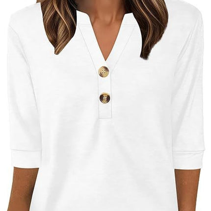 European and American Cross-Border Amazon Women's Plus Size Loose V-Neck Button Three-Quarter Sleeve T-Shirt Women's New Knitted Women's Clothing