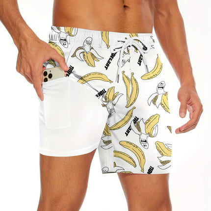 Men's Shark Pattern 2 in 1 Board Shorts with Drawstring and