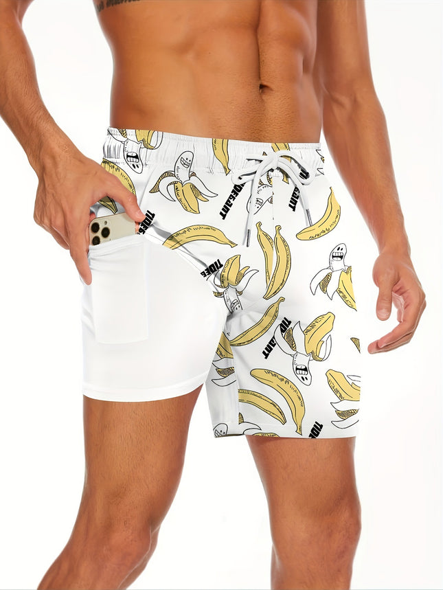 Men's Shark Pattern 2 in 1 Board Shorts with Drawstring and