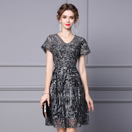 Zhili V-Neck Dress 2026 Summer New High-End Heavy-Duty Silver Thread Embroidery Pear-Shaped Figure A-Line Dress