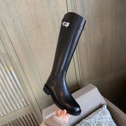 Grape Mom 2024 with Thick Bottom Lock Buckle Long Boots Women's Autumn and Winter Flat Knights Boots New But Knee High Boots