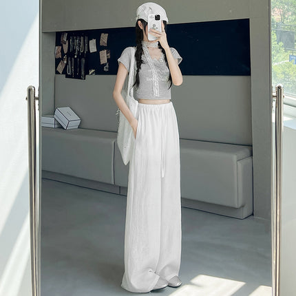 Versatile Linen Ice Silk Wide-Leg Pants for Women 2025 Summer New High-Waisted Loose Slimming Straight-Leg Sports Pants