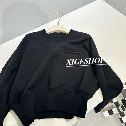 Gray ripped zipper pocket round neck sweater loose curved knife wide leg sports pants trousers casual fashion suit spring