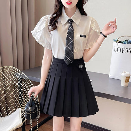 JK British Academy Style Set 2023 Fresh Age-reducing Little Man Wood-ear Tie Shirt Pleated Skirt Two-piece Set