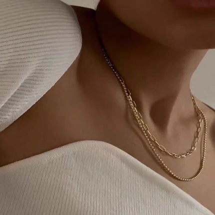European and American Cross-Border Fashion Double-Layer Stacked Bead Chain Necklace for Women Ins Simple Trendyy Chain Clavicle Chain Women's Jewelry Chain