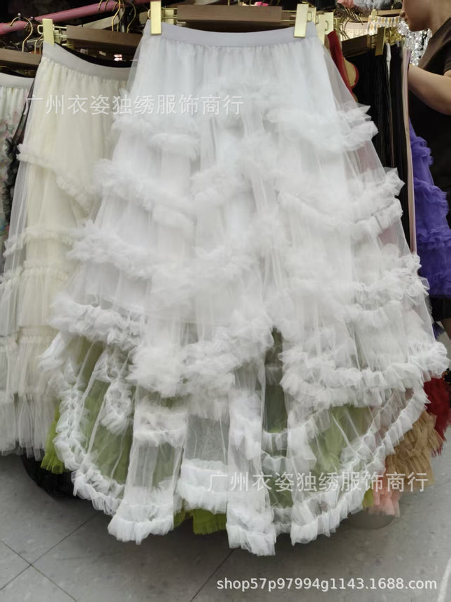 European and American French Romantic Heavy-Duty Ruffled Mesh Fluffy Skirt with Short Front and Long Back Asymmetrical Cake Skirt Fairy