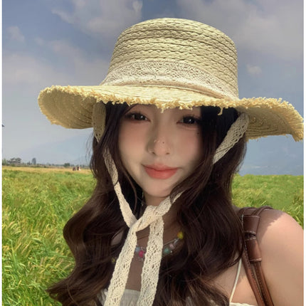 [Great Value] French Style Socialite Flat Top Hat 2025 New Summer Elegant Pearl String Sunshade Woven Straw Hat