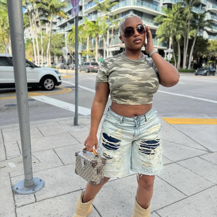 M80306 Cross-Border New Style European and American Fashion Street Trendy Washed Distressed Patchwork Five-Point Denim Shorts