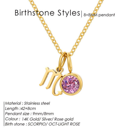 Cross-Border European and American Twelve Zodiac Signs Three-Dimensional Fashion Necklace, Light Luxury Colorful Rhinestone Birthstone Necklace, Stainless Steel Jewelry