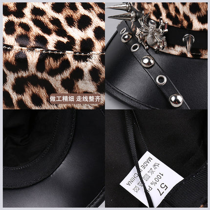 Trendy Ins Fashion Chain Spider Navy Hat for Women Spring Summer Pu Leather Flat Top Hat Black Leopard Print Personality Newsboy Cap