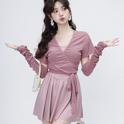 Sweet Bean Paste Color Ballet Girl Simple Sleeves Detachable Suspender Blouse to Cover the Flesh Hot Spring Seaside Swimsuit for Women