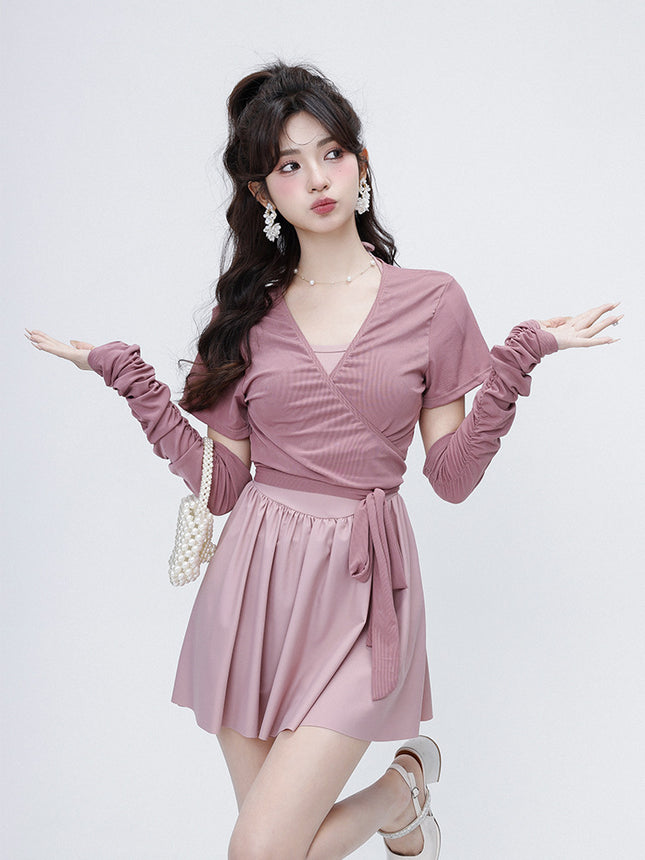 Sweet Bean Paste Color Ballet Girl Simple Sleeves Detachable Suspender Blouse to Cover the Flesh Hot Spring Seaside Swimsuit for Women