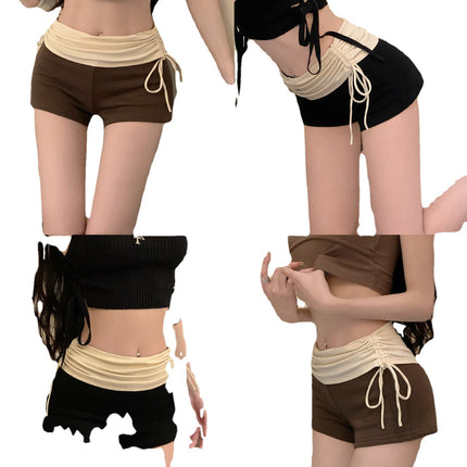 Contrast Color Drawstring Casual Shorts Women's Summer Pleated High Waist Slimming Straight Pants Hot Girls Slim-fit Hot Pants