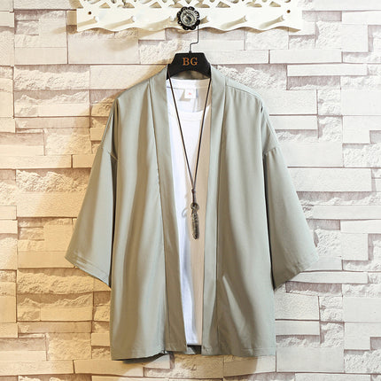 New Cross-border Summer Men's Simple Solid Color Cardigan Casual Loose Guofeng Seven-sleeve Ice Silk Cardigan Shirt for Men