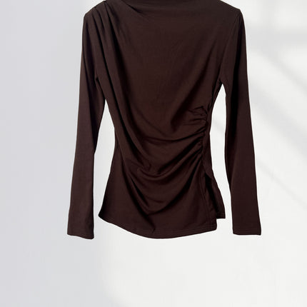 Elegant Slimming Combed Cotton Design High Collar Base Shirt Irregular Pleated Slim-fit Slimming Long-sleeved Top for Women