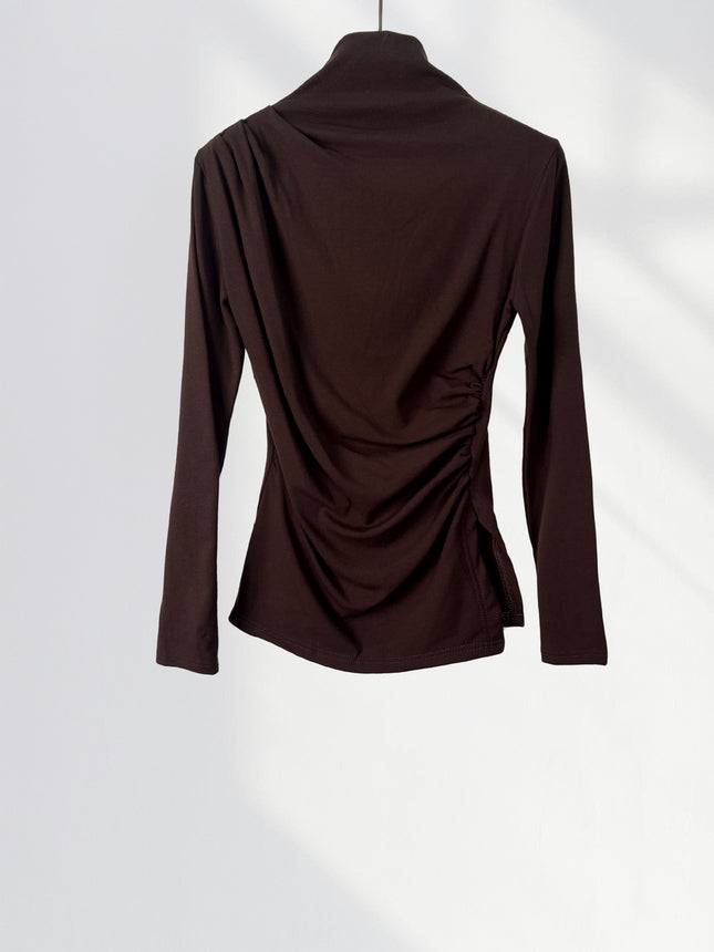 Elegant Slimming Combed Cotton Design High Collar Base Shirt Irregular Pleated Slim-fit Slimming Long-sleeved Top for Women
