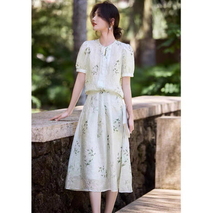 Spot New Chinese Style National Style Printed Set Women's Summer Elegant Temperament Texture Top Skirt Two-Piece Set