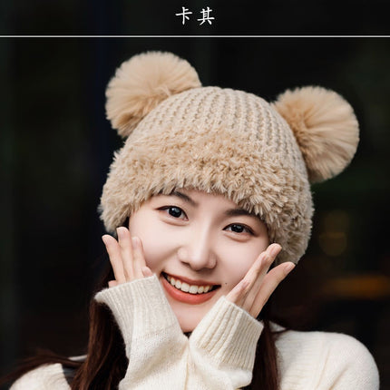 Bear plush knitted hat women's autumn and winter warm anti-fur pullover wool hat face-looking small sweet cute basin hat