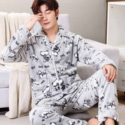 Men's Pajamas, Winter Thickened and Fleece-Lined, Men's Home Wear Set, Coral Fleece, Warm, Autumn and Winter, One-Piece Wholesale