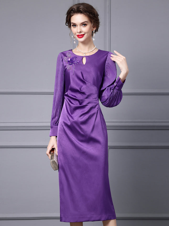 Zhili Purple Feminine Dress with Three-Dimensional Floral Decoration, Pleated Waist, and Bodycon Skirt That Accentuates the Figure, Spring 2026