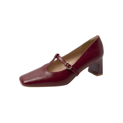 Spring and Summer New Retro Mid-high Heel Bride Wedding Shoes wine red Soft Leather Square Toe Shallow Thick Heel Mary Jane Single-layer Shoes for Women