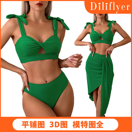 New European and American Amazon Nylon Swimsuit Women's Three-Piece Set Manufacturer Bikini Swimwear in Stock Wholesale Bikini