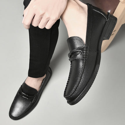 Men's Spring Leather Shoes with Round Head and Shallow Mouth Set Foot Rubber Non-slip Youth Business Head-layer Cowhide Leather Shoes Black Brown