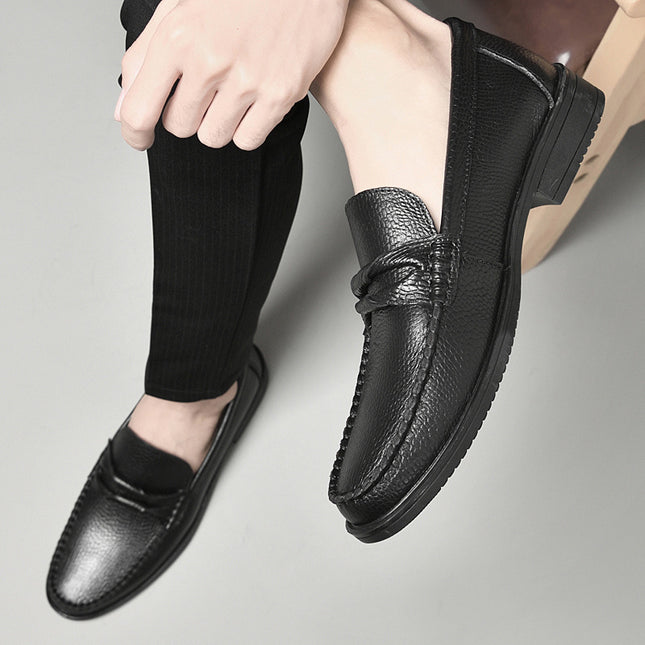Men's Spring Leather Shoes with Round Head and Shallow Mouth Set Foot Rubber Non-slip Youth Business Head-layer Cowhide Leather Shoes Black Brown