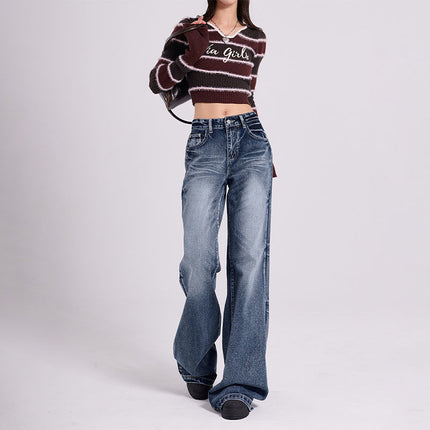 2025 New Women's Slim Small Spring Mop Pants Design Retro Blue High Waist Wide Leg Pants for Outer Wear