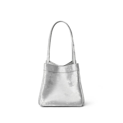 New Chinese Style National Style Vegetable Basket Bag Satin Genuine Leather Small Square Bag Large Capacity Niche Portable Bucket Bag Shoulder Crossbody Bag