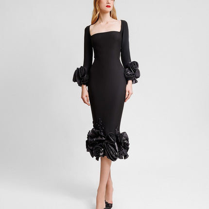 Europe and the United States cross-border boutique women's dress round neck three-dimensional flower nail drill slim hip bandage evening dress