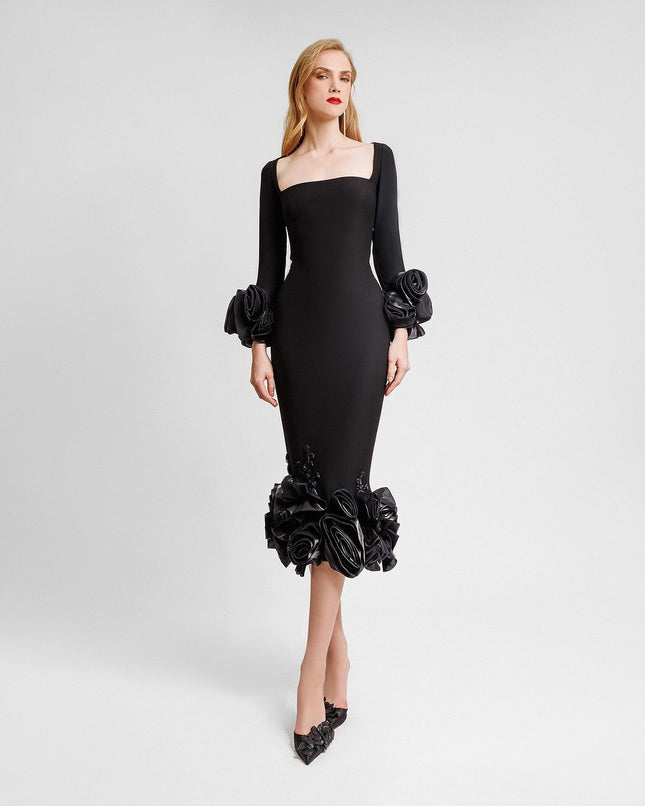 Europe and the United States cross-border boutique women's dress round neck three-dimensional flower nail drill slim hip bandage evening dress
