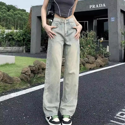 Retro Straight Jeans for Small Women Spring & Fall 2024 New High-waist Draped Floor-length Narrow Wide-leg Long Pants