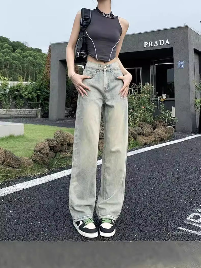 Retro Straight Jeans for Small Women Spring & Fall 2024 New High-waist Draped Floor-length Narrow Wide-leg Long Pants