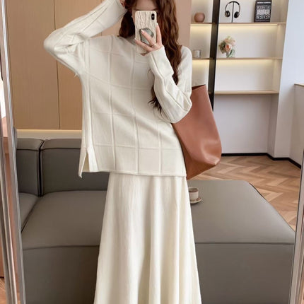 European and American Style Knitted Sweater Set for Women, Autumn and Winter Two-Piece Set, Half-High Collar Pullover Sweater and Solid Color Casual Skirt Set