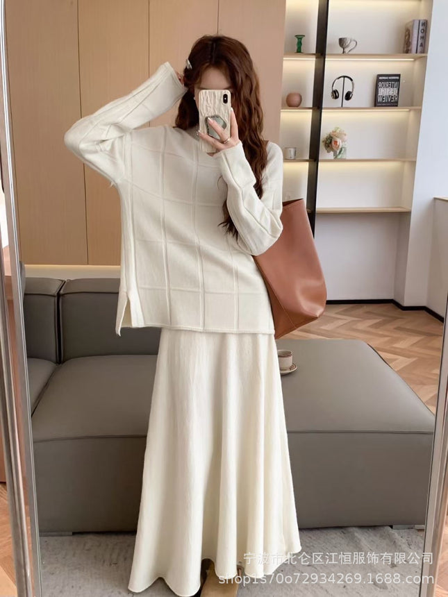 European and American Style Knitted Sweater Set for Women, Autumn and Winter Two-Piece Set, Half-High Collar Pullover Sweater and Solid Color Casual Skirt Set