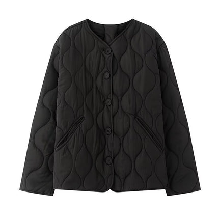 European and American Style Cross-Border Export Women's 2025 Fashionable Autumn and Winter Simple and Versatile Round Neck Long-Sleeved Cotton Jacket Quilted Cotton Jacket