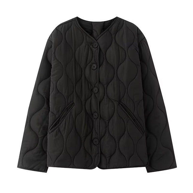 European and American Style Cross-Border Export Women's 2025 Fashionable Autumn and Winter Simple and Versatile Round Neck Long-Sleeved Cotton Jacket Quilted Cotton Jacket
