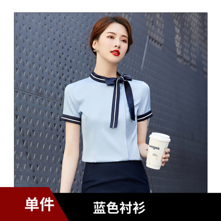Summer Korean fashion stand collar bow short sleeve shirt women's business shirt work clothes hotel front desk work clothes
