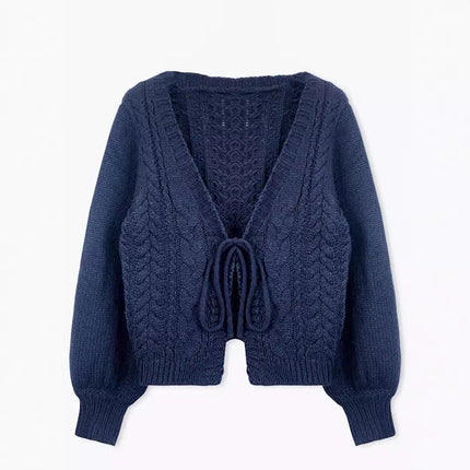 European and American Style Pure Color V Neck Twist Knitted Cardigan Short Lace-Up Lantern Sleeve Sweet and Cool Retro Cross-Border Women's Sweater