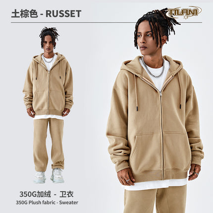 Tilani Cross-Border Men's Sweatshirt Velvet Jacket European and American 350g Autumn and Winter Zipper Hoodie Thick Pure Color Sweatshirt
