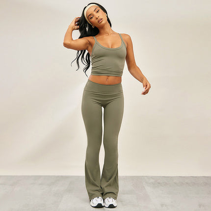 K24ST487 European and American style cross-border women's clothing spring and summer solid color suspenders backless sports high waist tight flared pants suit
