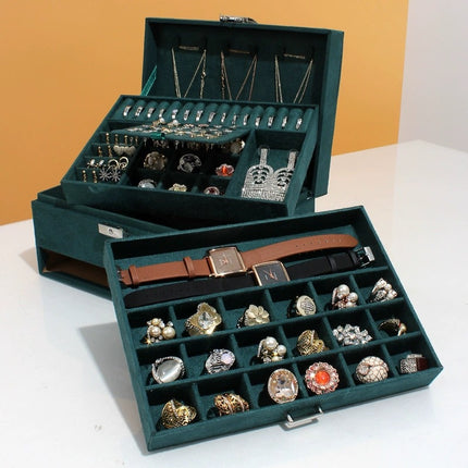Double Dark Green Suede Jewelry Box Jewelry Earrings Bracelet Bag Jewelry Ring Necklace Jewelry Storage Box
