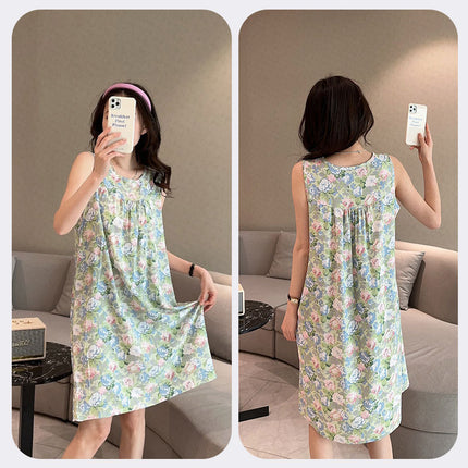 Summer Cotton Silk Nightgown for Women Thin Artificial Cotton Floral Sleeveless Korean Style Loose Large Size Home Wear Pajamas Vest Dress