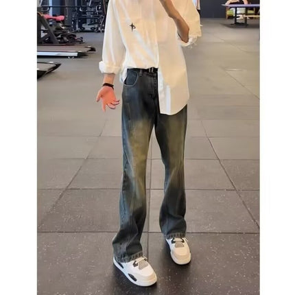 Vintage Blue Denim Jeans for Men, American Style, Stylish and High-End, Extended Length for Tall Individuals, Curved Hem, Bootcut Pants