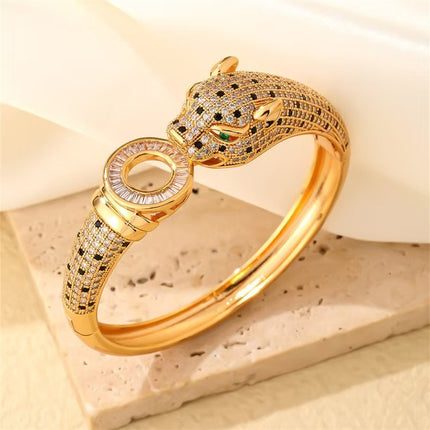 Europe and the United States cross-border new niche luxury micro inlaid zircon full diamond gold plated leopard head buckle bracelet ring suit