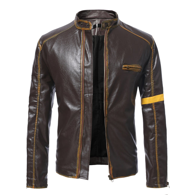Foreign Trade Amazon European and American Men's Wear Old Motorcycle Leather Jacket Men's Youth Vertical Collar Motorcycle Leather Jacket