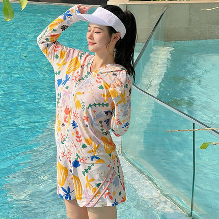 Swimsuit women's plus size fat mm200 kg fairy fan three-piece sports swimsuit belly-covering slim conservative long sleeve blouse