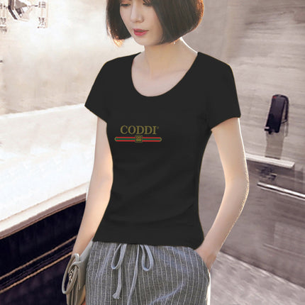2025 New Summer White Short-Sleeved T-Shirt Women's V Neck Printed Korean Style Foreign Style Slim Shirt Simple Half-Sleeved