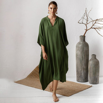 New European and American Style Silky Polyester Loose Long Dress Beach Bikini Swimsuit Blouse Seaside Holiday Sun-protective Shirt Long Gown